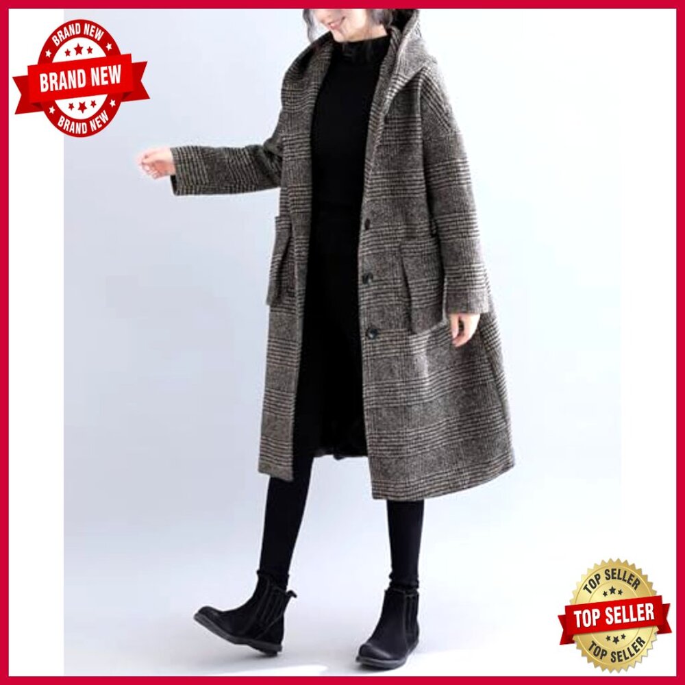 Vintage Houndstooth Plaid Wool Blend Long Coat with Hood Loose Fit - Picture 2 of 4